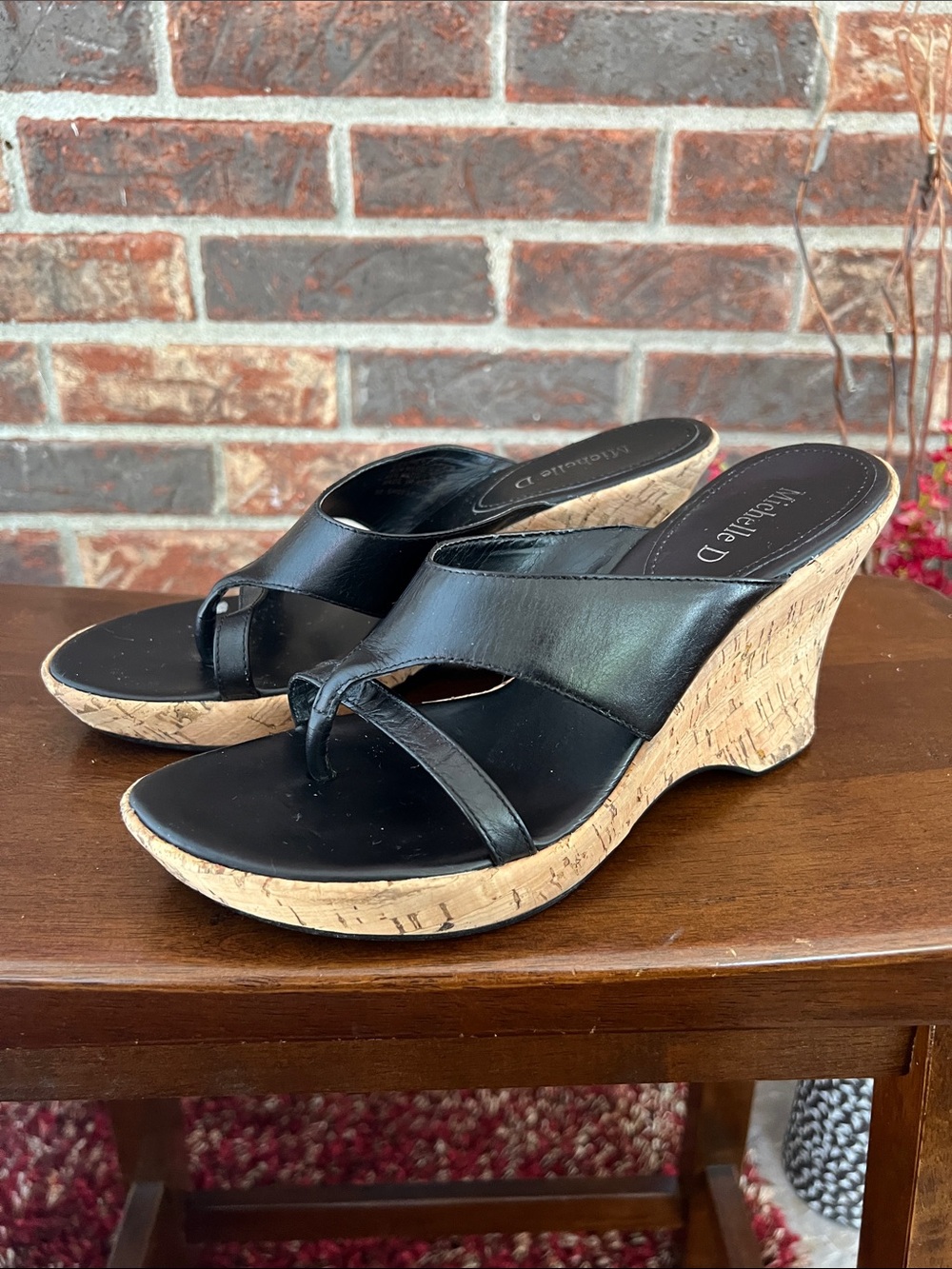 Michelle D Black Leather Cork Wedge Sandals